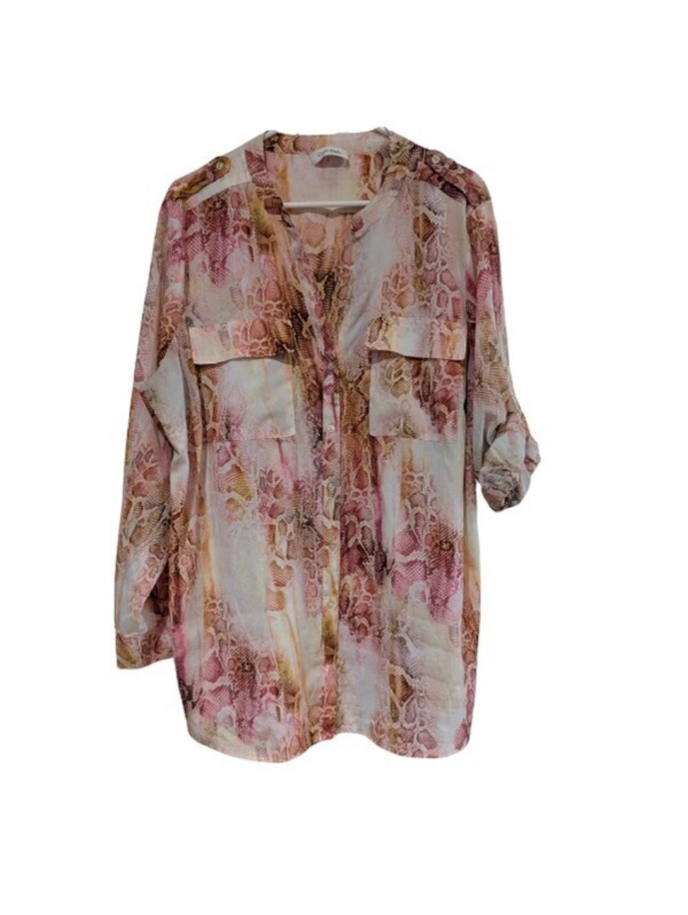 Calvin Klein Women's Snake Print Button Up Blouse, Pink Orange, Plus Size 2X-3X